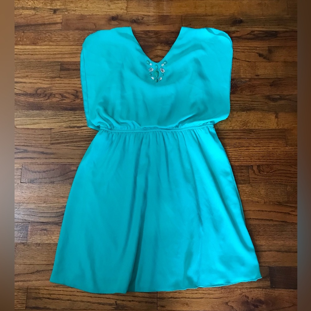 Mint Blue Green Teal Sleeveless Dress Gathered Waist Embell Stone Vneck Neckline